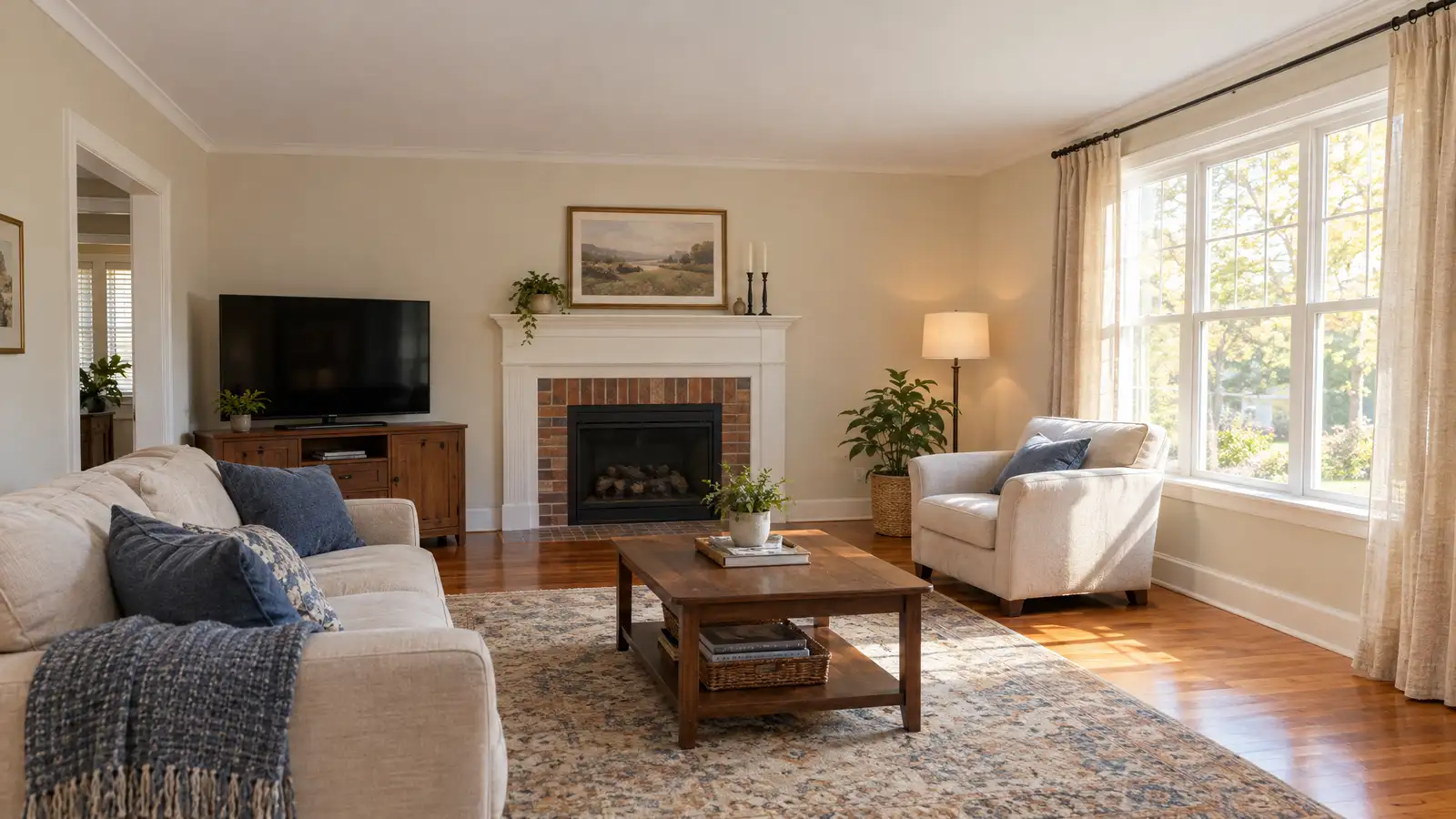 After: the same room with a smooth repaired ceiling and furniture back in place