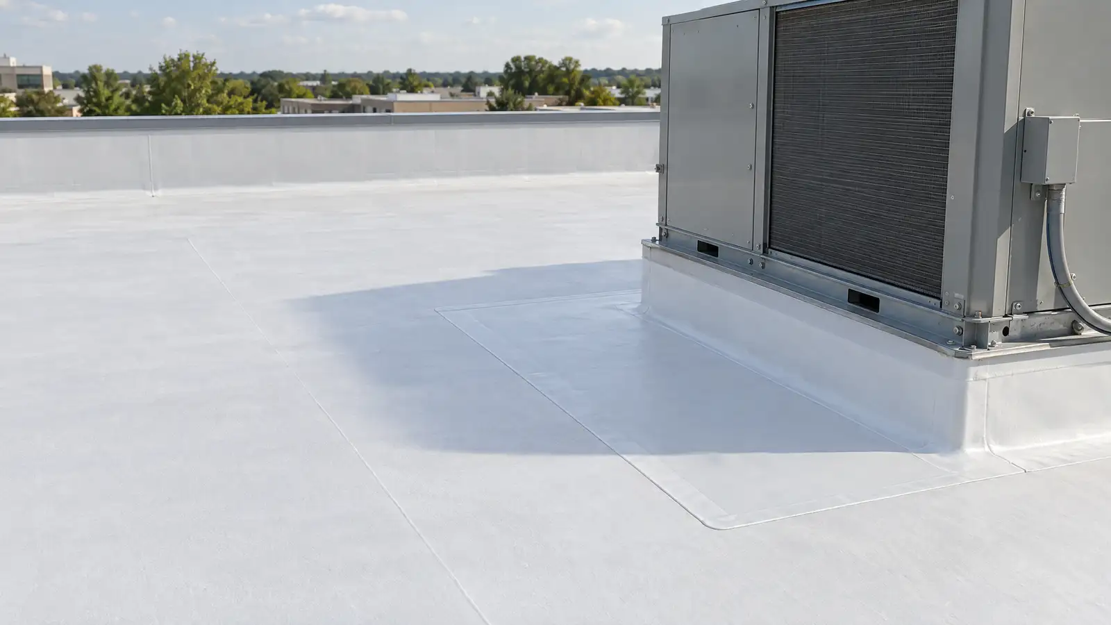 After: the same roof dry with a neat welded patch beside the rooftop unit