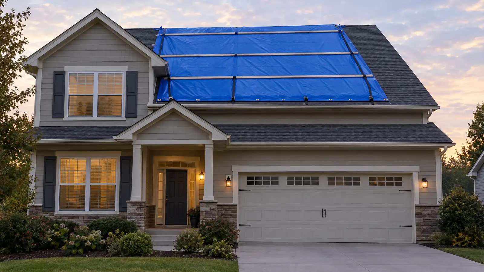 After: the same house with the opening covered by a taut, battened blue tarp