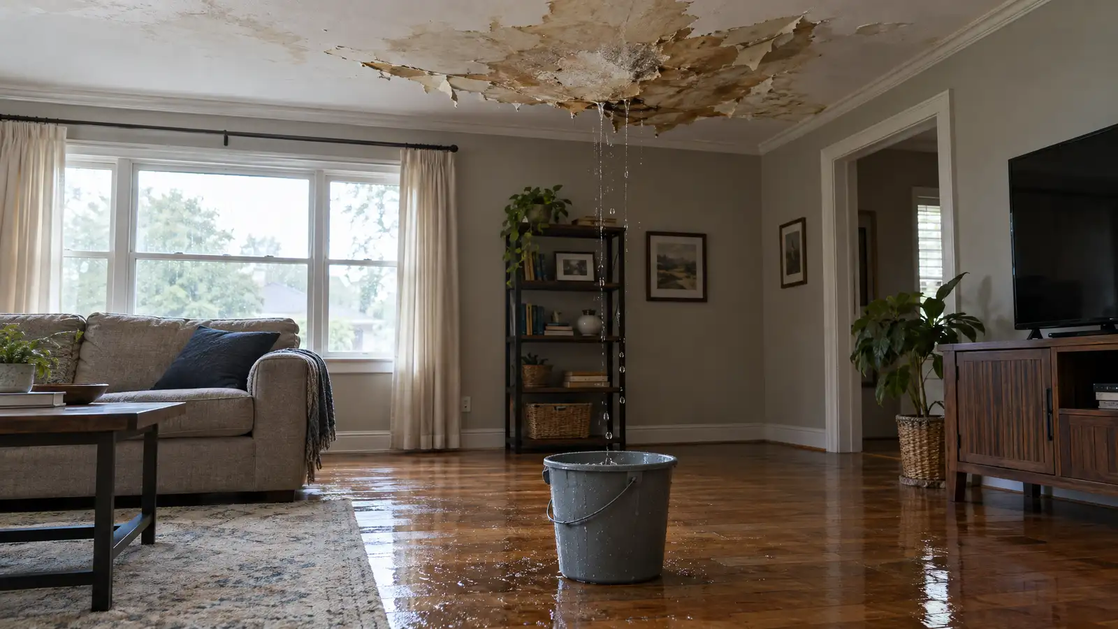 Before: a living room ceiling sagging with a large water stain and a bucket catching drips