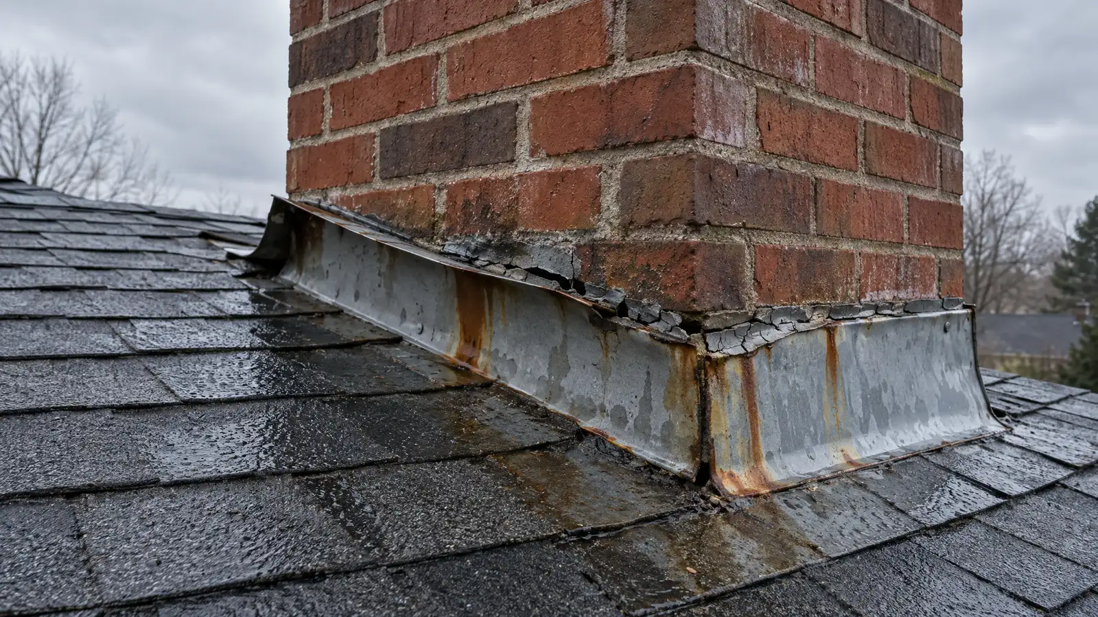 Before: a brick chimney with bent, pulled-away flashing and water stains