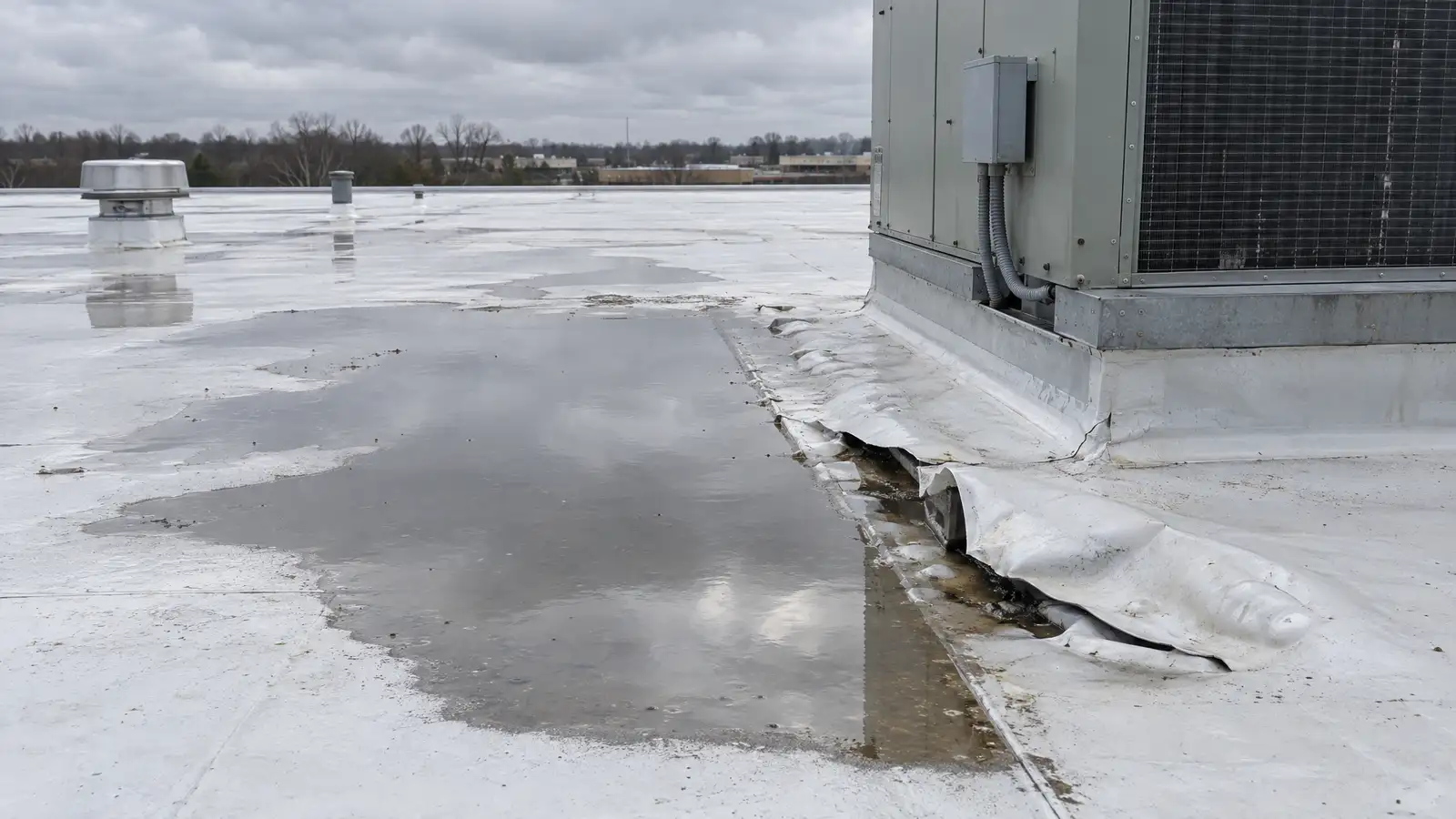Before: a commercial flat roof with ponded water and a torn membrane seam