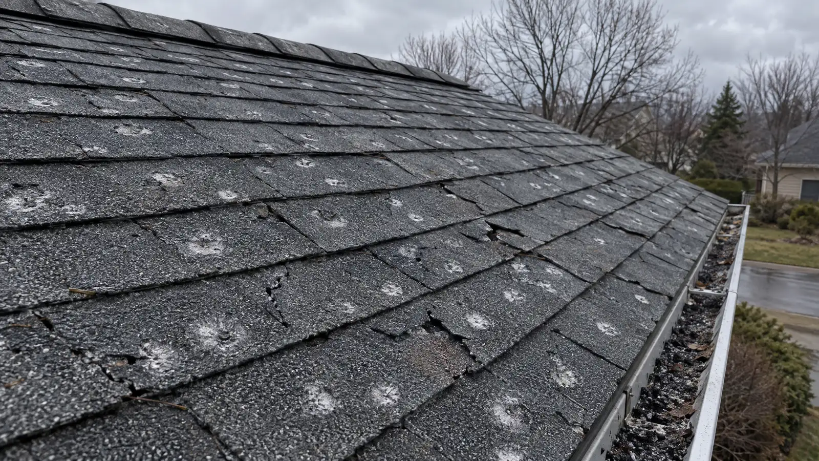 Before: a roof slope covered in round hail bruises and cracked shingles