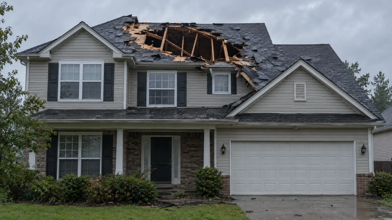 Before: a house with a gaping storm-made hole in the roof deck and exposed rafters
