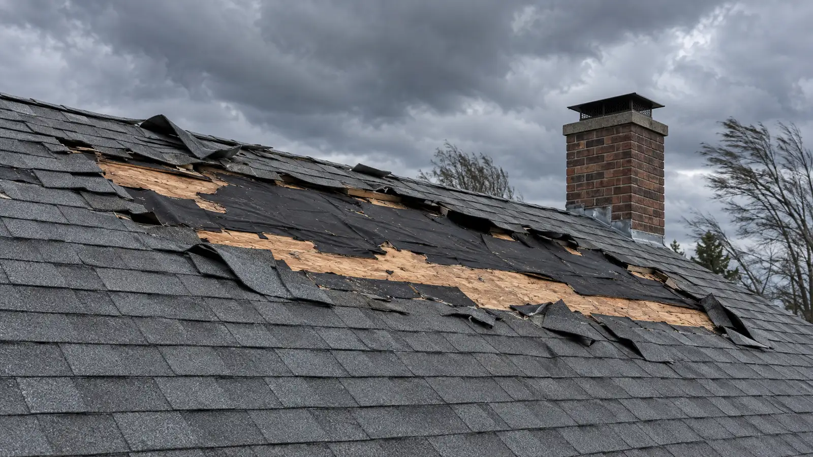 Before: a roof slope with a wide band of shingles torn off by wind and exposed underlayment