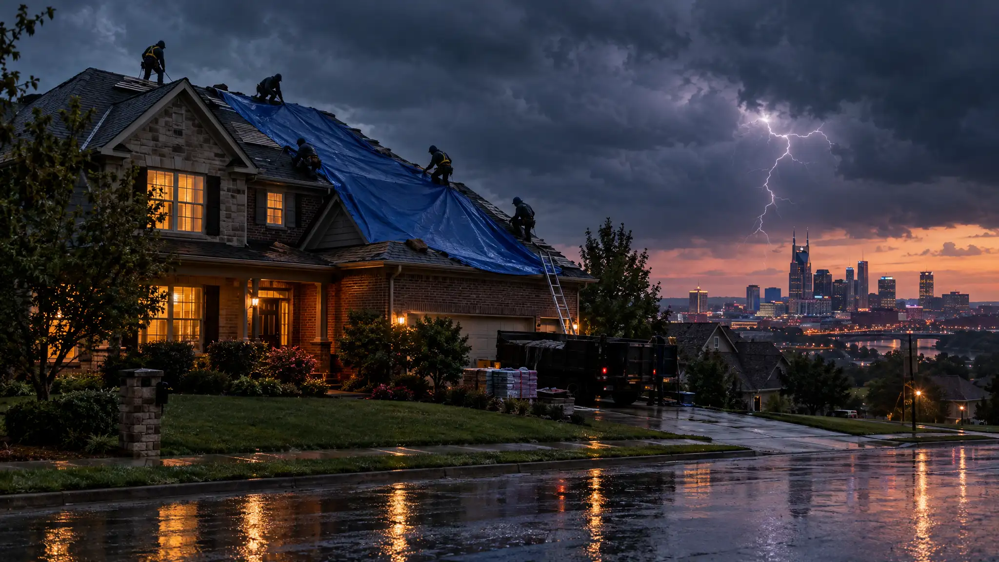 A roofing crew tarping a storm-damaged roof at dusk under a lightning sky with the Nashville skyline far behind